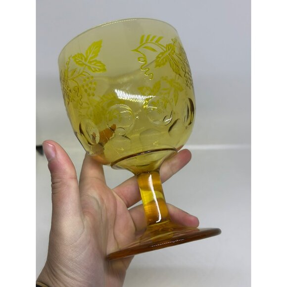 VTG Bartlett Collins Goblet Amber Thumbprint Grapes Etched Single Glass Yellow - Picture 6 of 8